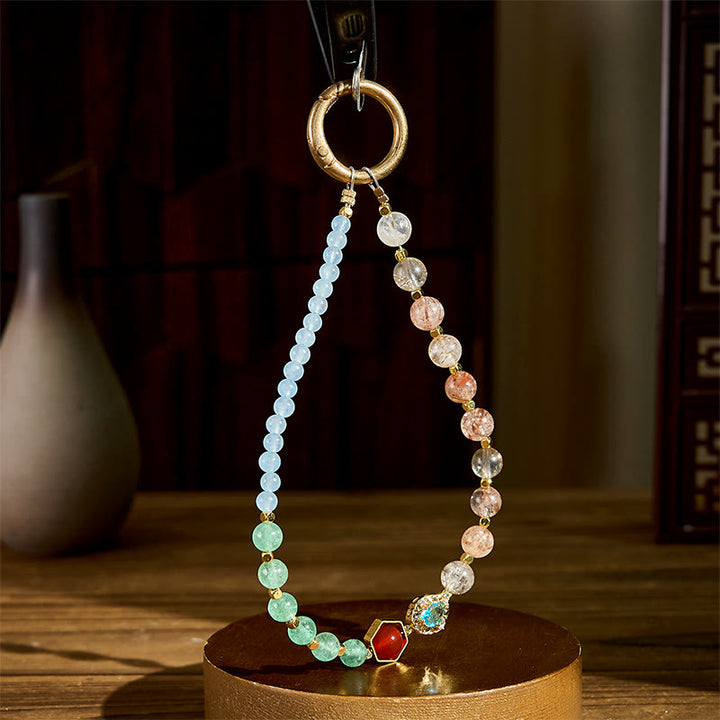 Buddha Stones Super Seven Crystal Blue Chalcedony Beaded Healing Key Chain Phone Hanging Decoration - image 2