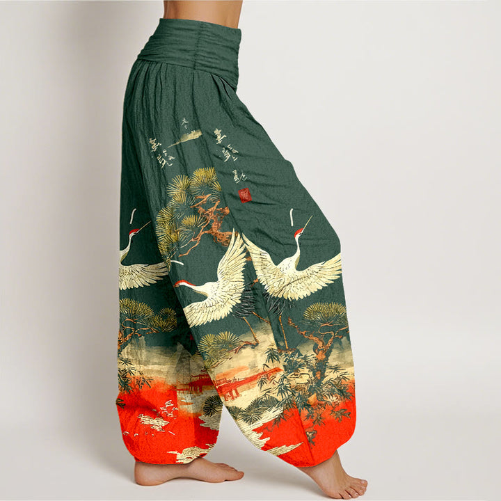 Buddha Stones Pure Cotton Vivid Crane Pine Tree Pattern Women's Elastic Waist Harem Pants - image 2