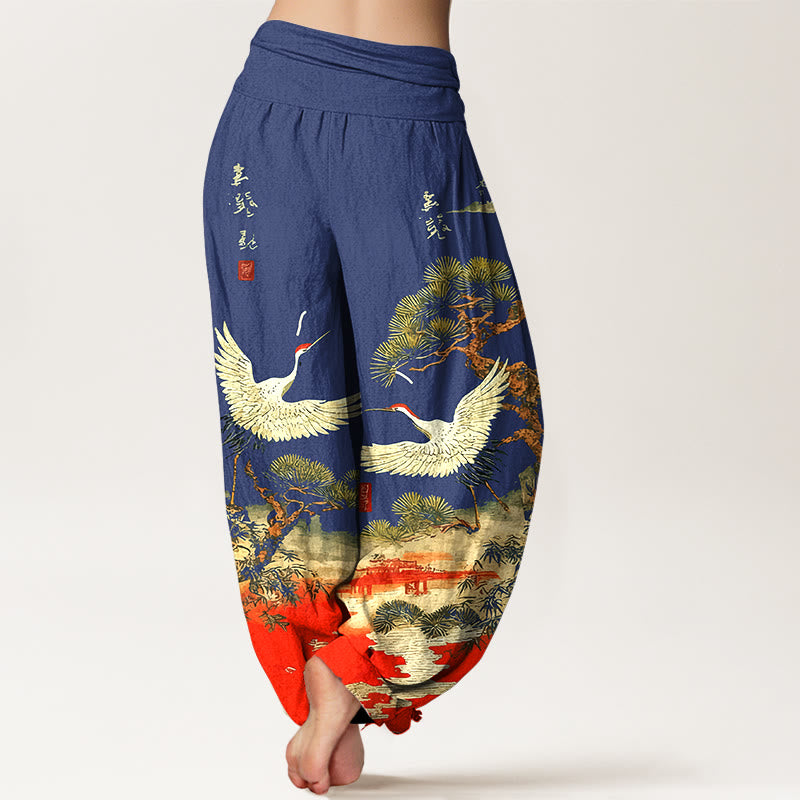 Buddha Stones Pure Cotton Vivid Crane Pine Tree Pattern Women's Elastic Waist Harem Pants - image 9