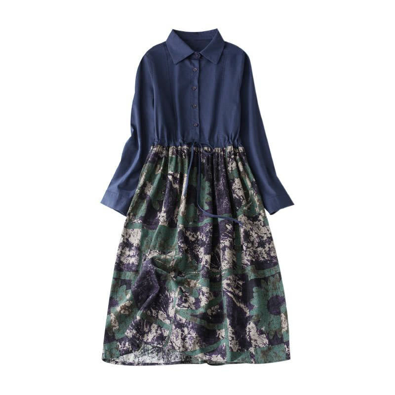 Buddha Stones Fall Printed Patchwork Design Drawstring Long Sleeve Linen Midi Dress With Pockets - image 9