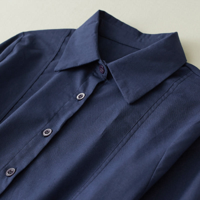 Buddha Stones Fall Printed Patchwork Design Drawstring Long Sleeve Linen Midi Dress With Pockets - image 3