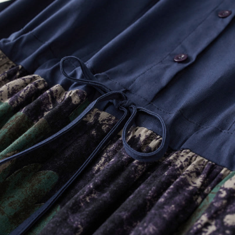 Buddha Stones Fall Printed Patchwork Design Drawstring Long Sleeve Linen Midi Dress With Pockets - image 4