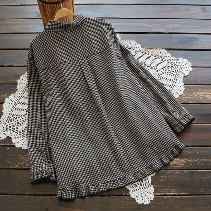 Buddha Stones Spring Plaid Ruffled Hem Design Long Sleeve Women's Buttons Shirt - image 5