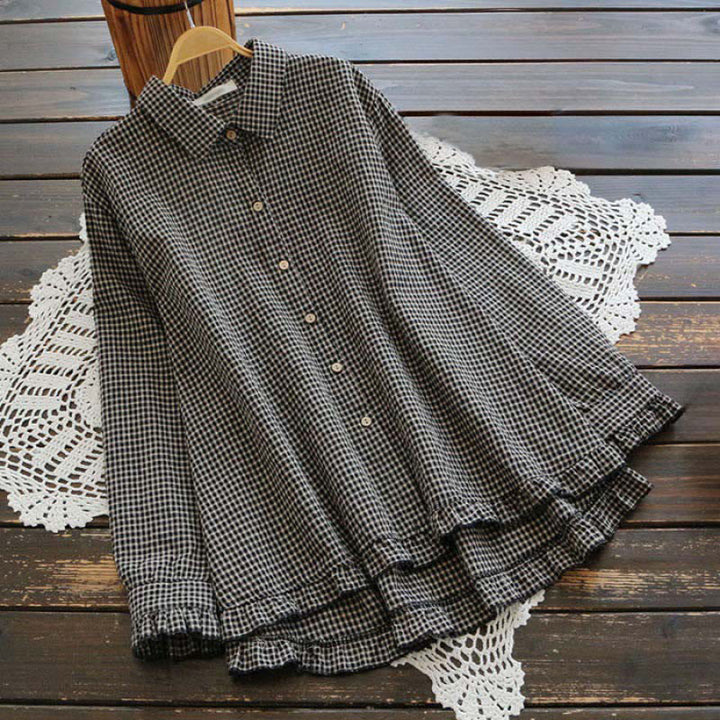 Buddha Stones Spring Plaid Ruffled Hem Design Long Sleeve Women's Buttons Shirt - Black - US16，UK/AU20，EU48 (4XL) - image 4