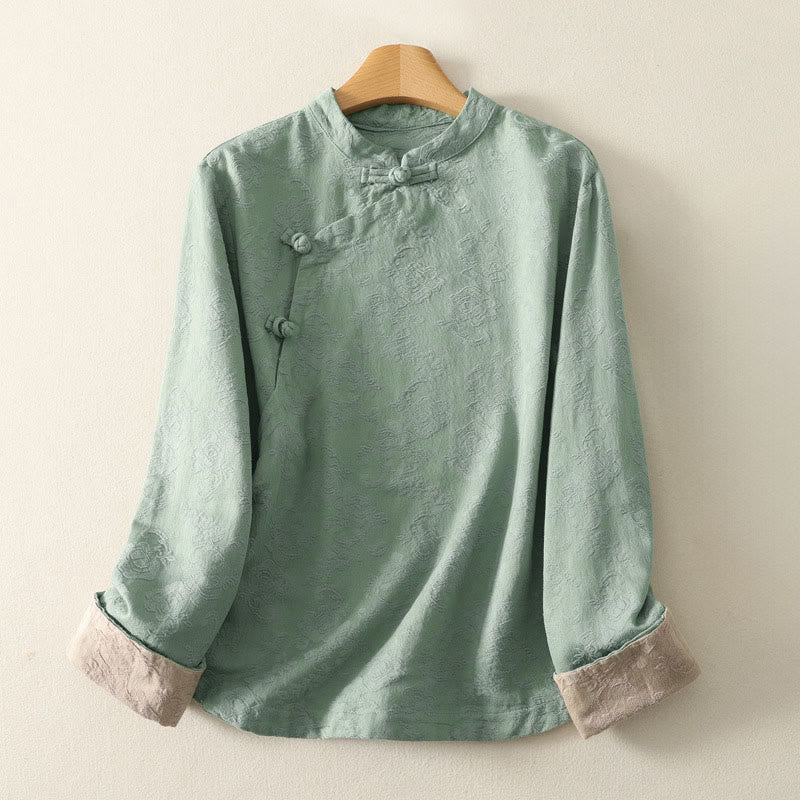 Buddha Stones Jacquard Diagonal Placket Long Sleeve Women's Cotton Linen Buttons Shirt - MediumAquamarine - US8-10，UK/AU12-14，EU40-42 (2XL) - image 6