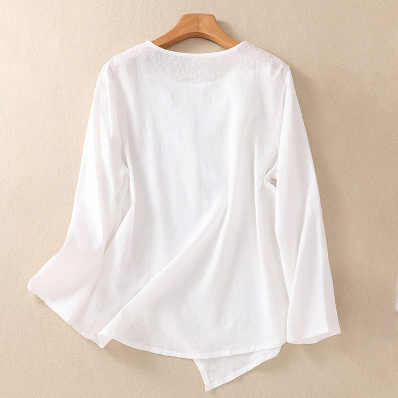 Buddha Stones Jacquard Irregular Hem Pleated Design Women's Cotton Long Sleeve Shirt - image 9