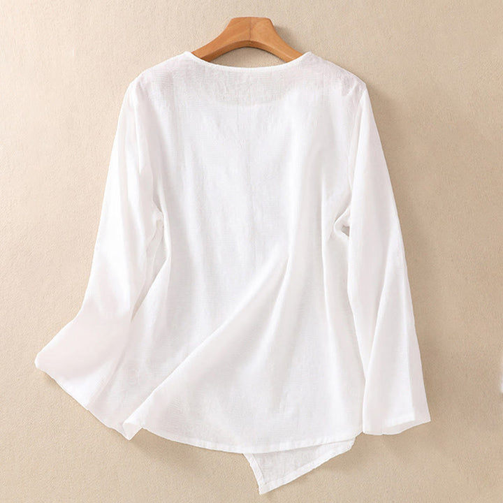 Buddha Stones Jacquard Irregular Hem Pleated Design Women's Cotton Long Sleeve Shirt - image 9