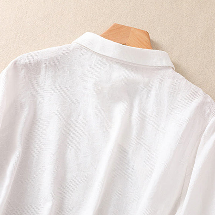 Buddha Stones Fall Embroidery Asymmetrical Design Frog-Button Women's Cotton Long Sleeve Shirt - image 10