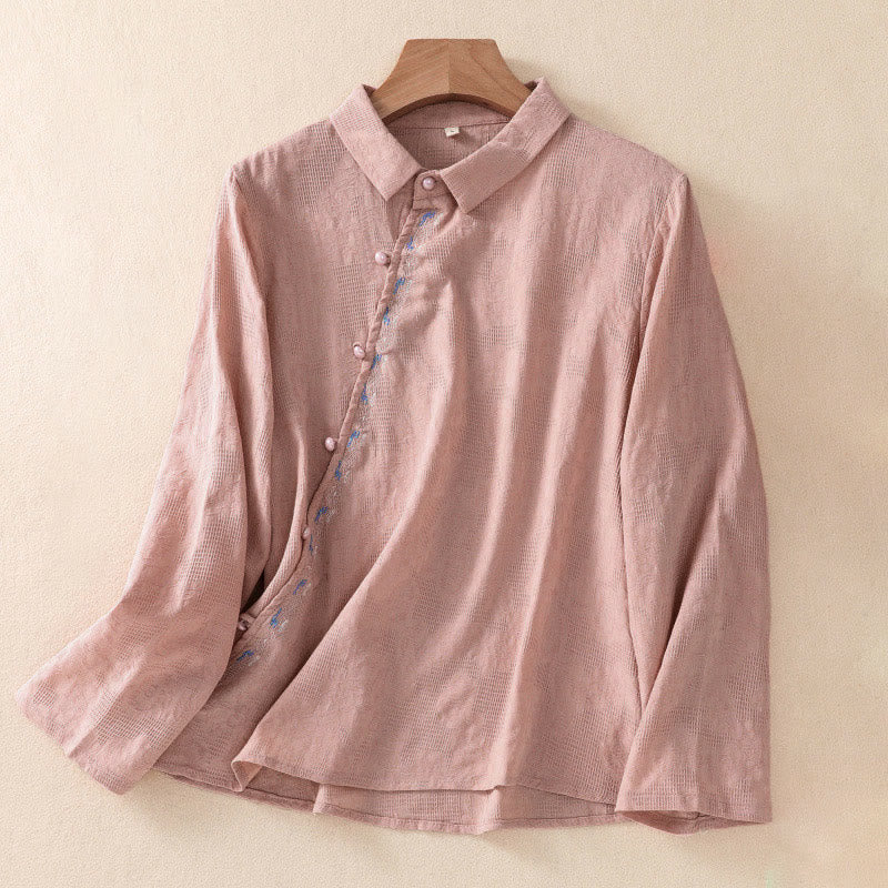 Buddha Stones Fall Embroidery Asymmetrical Design Frog-Button Women's Cotton Long Sleeve Shirt - LightCoral - US8-10，UK/AU12-14，EU40-42 (2XL) - image 14