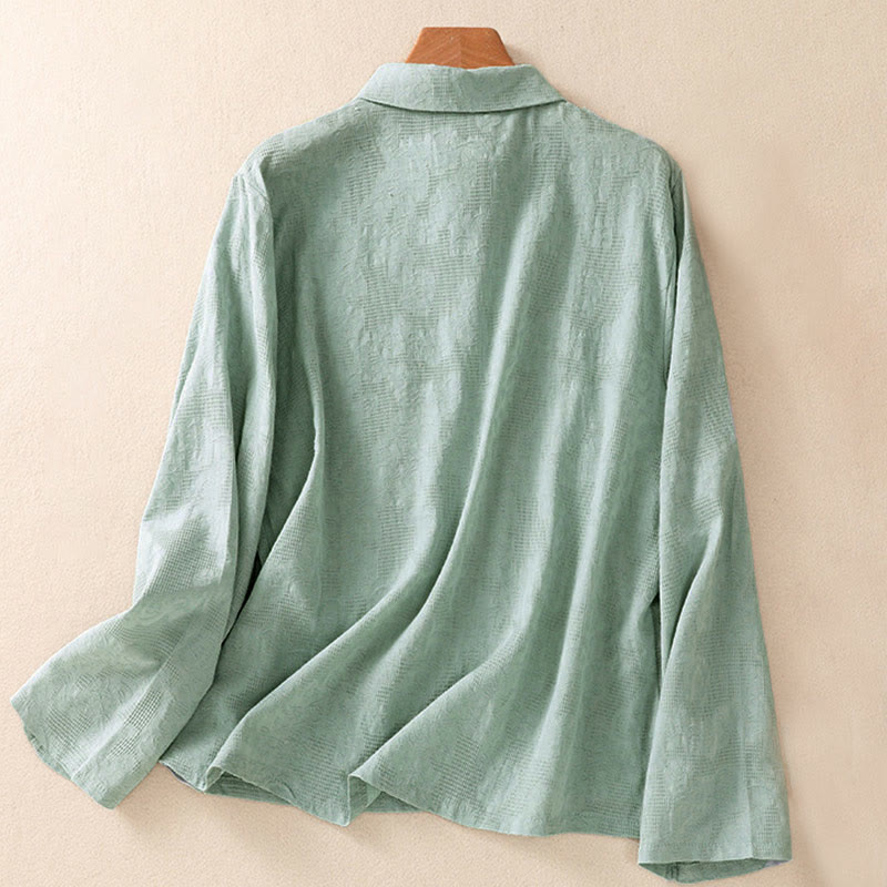 Buddha Stones Fall Embroidery Asymmetrical Design Frog-Button Women's Cotton Long Sleeve Shirt - image 1