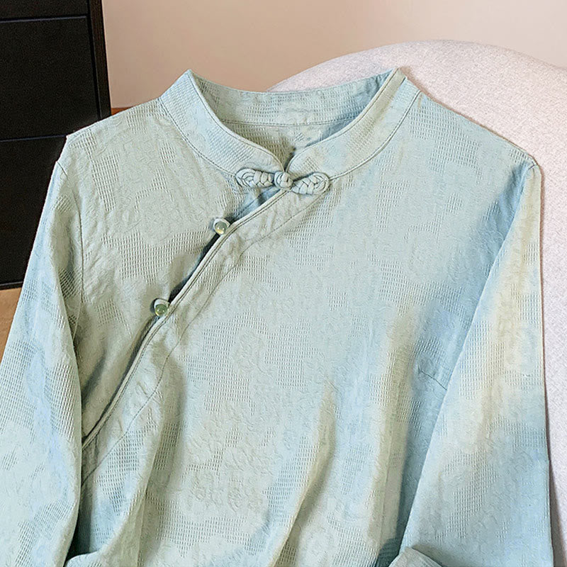 Buddha Stones Commute Jacquard Chinese Frog-Button Mandarin Collar Long Sleeve Women's Cotton Shirt - image 3