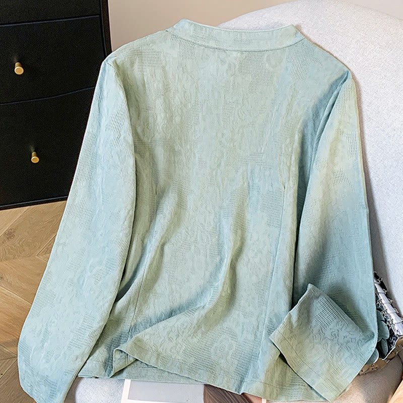 Buddha Stones Commute Jacquard Chinese Frog-Button Mandarin Collar Long Sleeve Women's Cotton Shirt - image 1
