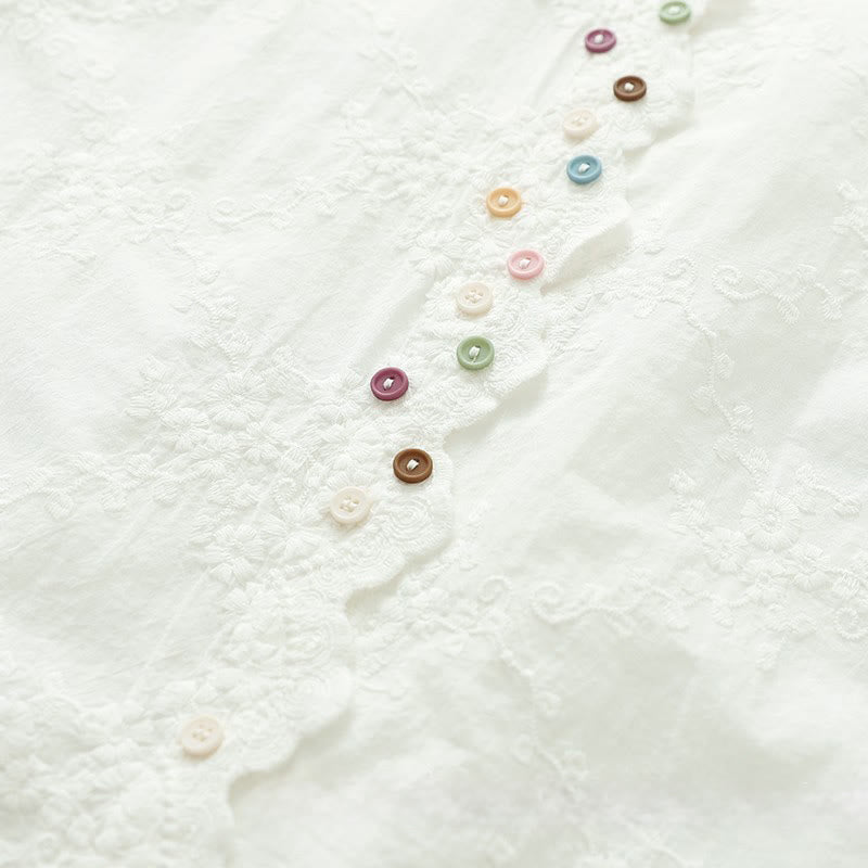 Buddha Stones Fall Ruffled Collar Embroidered Relief Flower Buttons Women's Cotton Long Sleeve Shirt - image 6