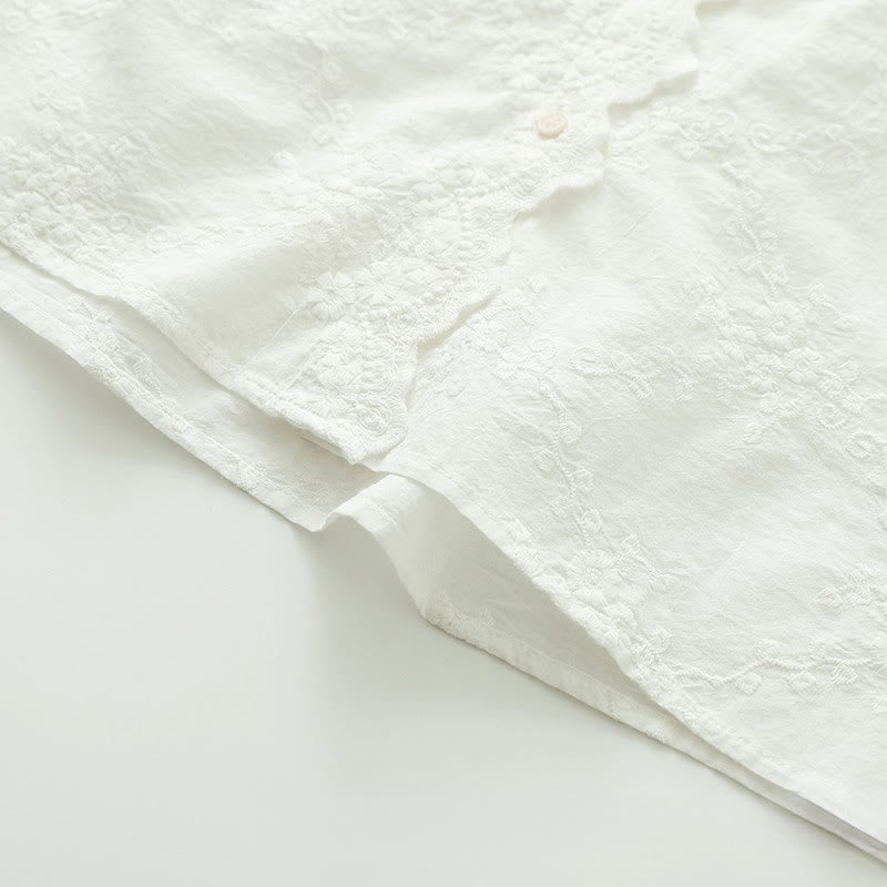 Buddha Stones Fall Ruffled Collar Embroidered Relief Flower Buttons Women's Cotton Long Sleeve Shirt - image 9