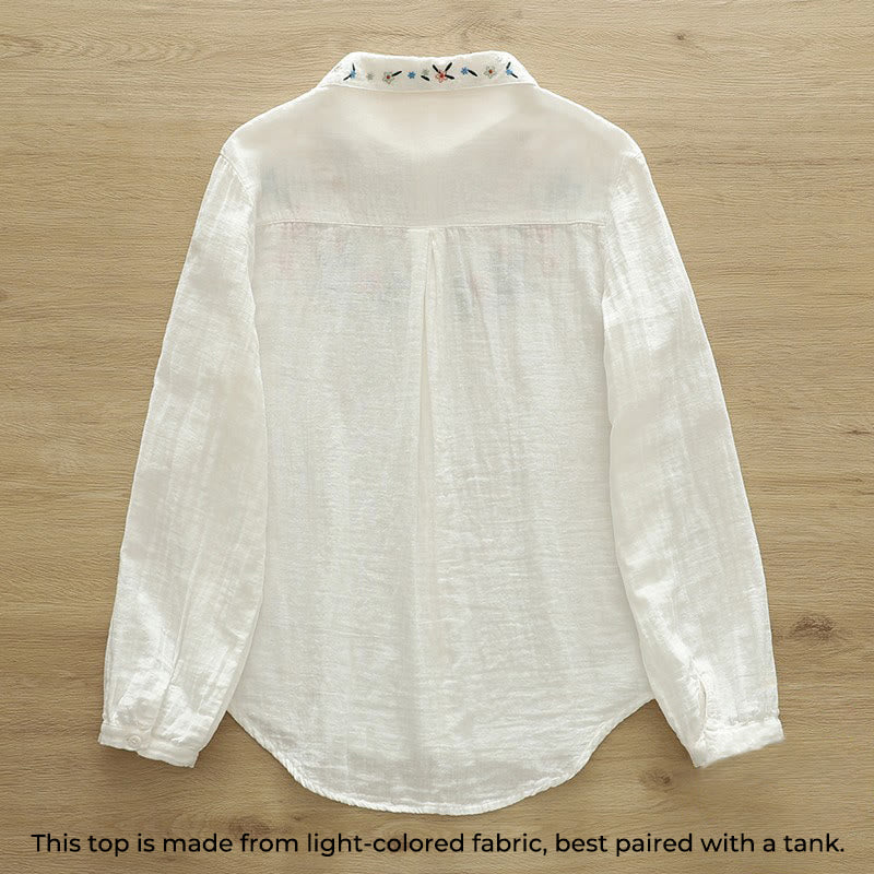 Buddha Stones Fall White Colorful Floral Embroidery Buttons Women's Cotton Long Sleeve Shirt - image 2