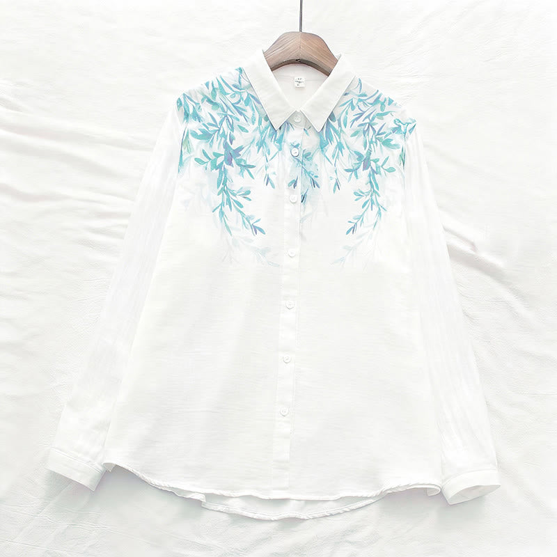 Buddha Stones Fall White Green Grass Buttons Women's Cotton Long Sleeve Shirt - image 1
