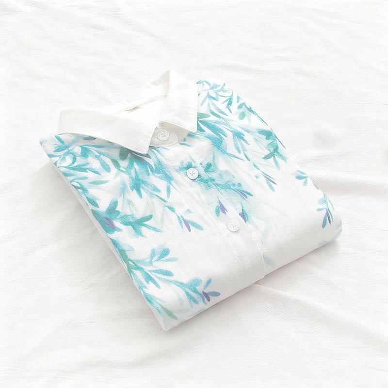 Buddha Stones Fall White Green Grass Buttons Women's Cotton Long Sleeve Shirt - image 5