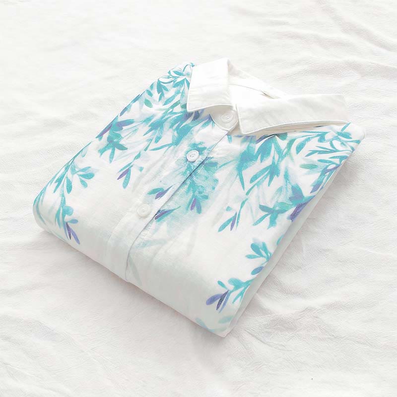 Buddha Stones Fall White Green Grass Buttons Women's Cotton Long Sleeve Shirt - image 6