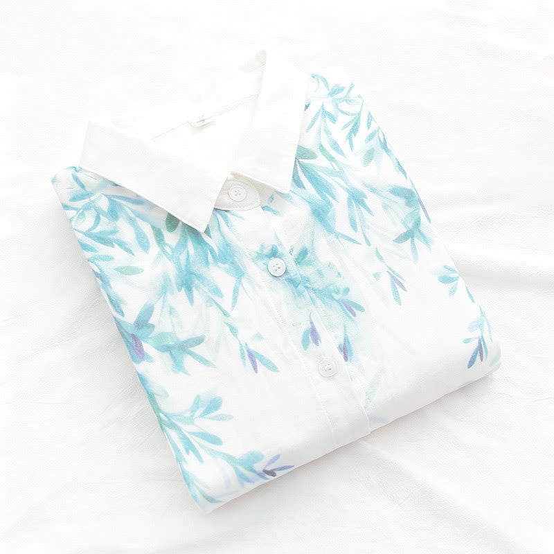 Buddha Stones Fall White Green Grass Buttons Women's Cotton Long Sleeve Shirt - image 4