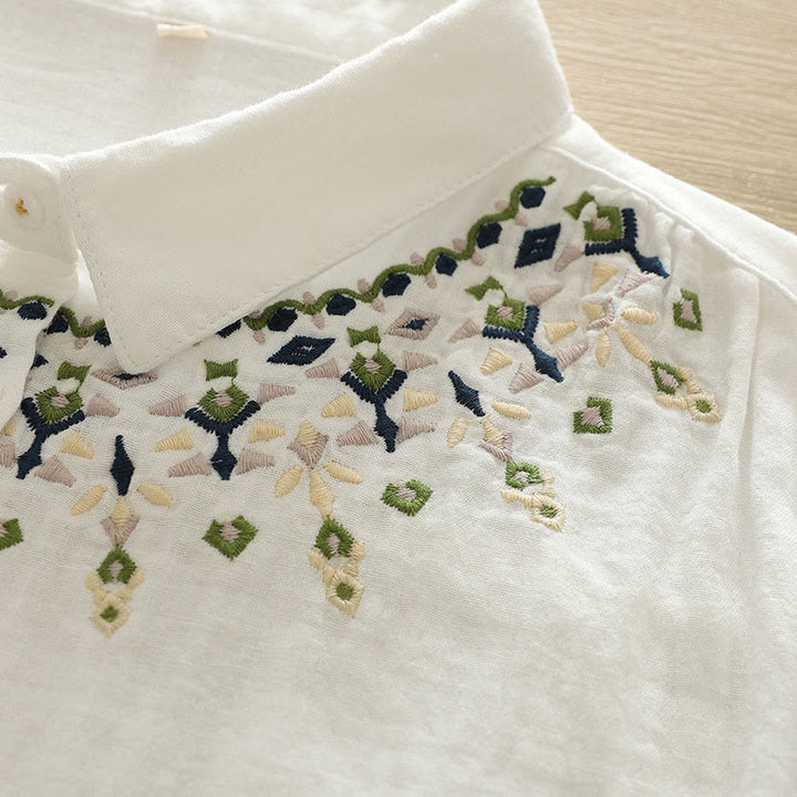Buddha Stones Fall White Geometric Embroidery Buttons Women's Cotton Long Sleeve Shirt - image 7