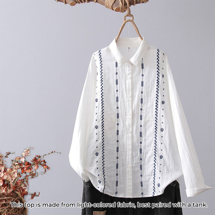 Buddha Stones Fall White Geometric Striped Flower Embroidery Button Women's Cotton Long Sleeve Shirt - White Striped Geometric - US4，UK/AU8，EU36 (L) - image 10