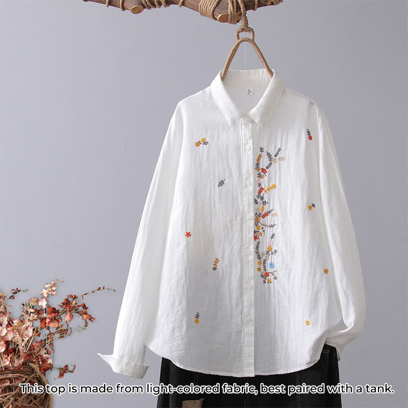 Buddha Stones Fall White Geometric Striped Flower Embroidery Button Women's Cotton Long Sleeve Shirt - White Yellow Flower - US4，UK/AU8，EU36 (L) - image 13