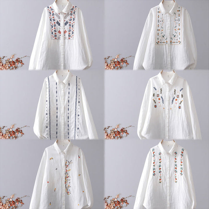 Buddha Stones Fall White Geometric Striped Flower Embroidery Button Women's Cotton Long Sleeve Shirt - image 15