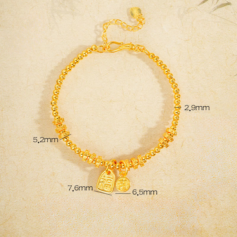 Buddha Stones 24k Gold Plated Brass Fu Character Lucky Charm Blessing Bracelet - Brass(Wrist Circumference: 15-19cm) - image 1
