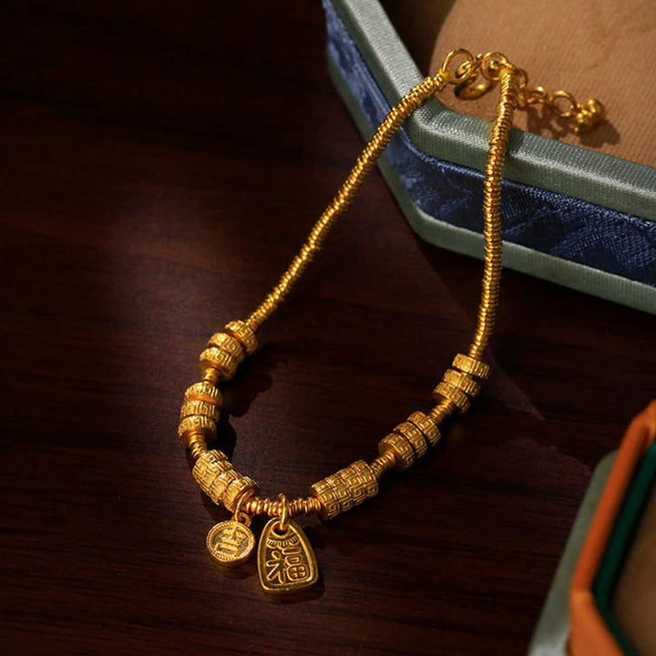 Buddha Stones 24k Gold Plated Brass Fu Character Lucky Charm Blessing Bracelet - image 4
