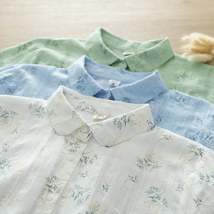 Buddha Stones Fall White Yellow Flowers Green Leaves Buttons Women's Cotton Long Sleeve Shirt - image 15