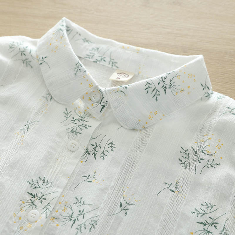 Buddha Stones Fall White Yellow Flowers Green Leaves Buttons Women's Cotton Long Sleeve Shirt - image 3