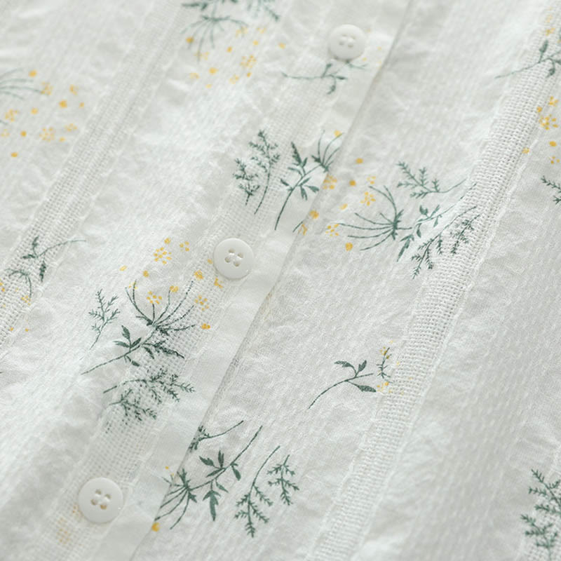 Buddha Stones Fall White Yellow Flowers Green Leaves Buttons Women's Cotton Long Sleeve Shirt - image 6