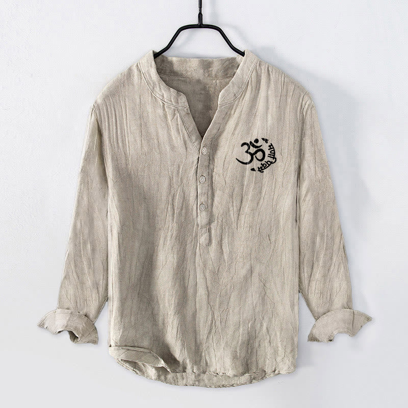 Buddha Stones Om Symbol Mantra Lotus Pattern Half Buttons Men's Cotton Linen Long Sleeve Shirt - image 1