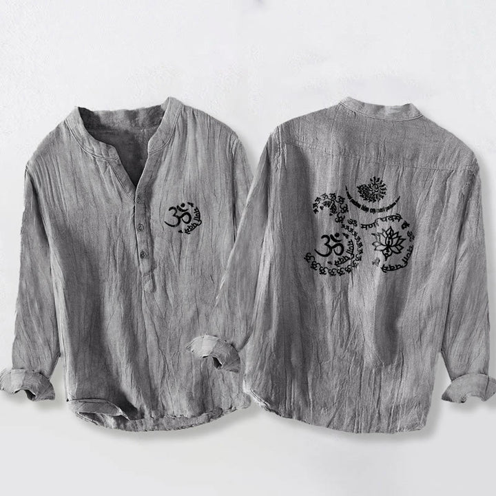 Buddha Stones Om Symbol Mantra Lotus Pattern Half Buttons Men's Cotton Linen Long Sleeve Shirt - Gray - US/UK/AU50，EU60 (5XL) - image 3