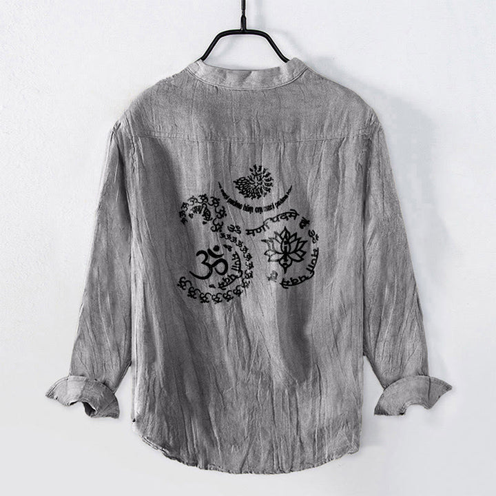Buddha Stones Om Symbol Mantra Lotus Pattern Half Buttons Men's Cotton Linen Long Sleeve Shirt - image 5