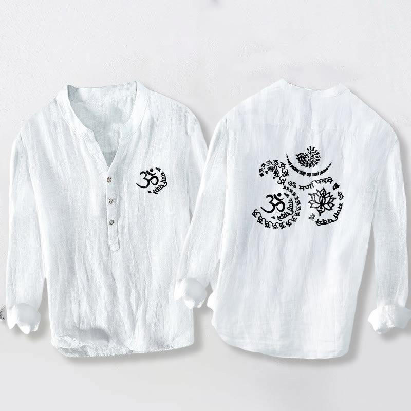 Buddha Stones Om Symbol Mantra Lotus Pattern Half Buttons Men's Cotton Linen Long Sleeve Shirt - White - US/UK/AU50，EU60 (5XL) - image 6