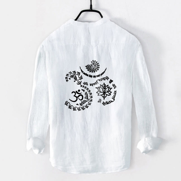 Buddha Stones Om Symbol Mantra Lotus Pattern Half Buttons Men's Cotton Linen Long Sleeve Shirt - image 8