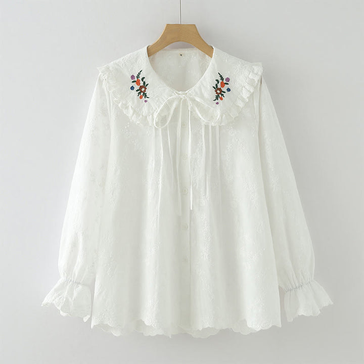 Buddha Stones Fall White Floral Embroidery Peter Pan Collar Buttons Women's Cotton Long Sleeve Shirt - White - US6，UK/AU10，EU38 (L) - image 2