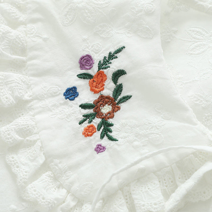 Buddha Stones Fall White Floral Embroidery Peter Pan Collar Buttons Women's Cotton Long Sleeve Shirt - image 6