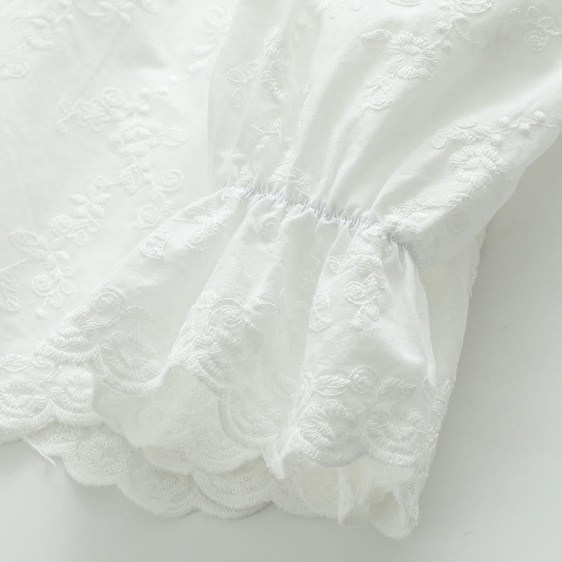 Buddha Stones Fall White Floral Embroidery Peter Pan Collar Buttons Women's Cotton Long Sleeve Shirt - image 9