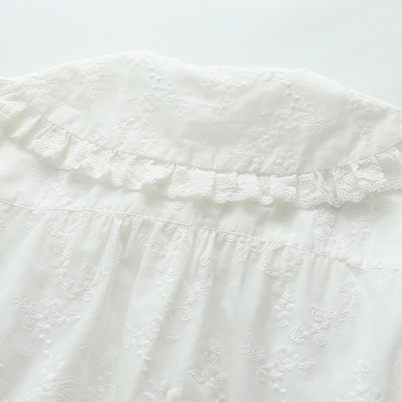 Buddha Stones Fall White Floral Embroidery Peter Pan Collar Buttons Women's Cotton Long Sleeve Shirt - image 5