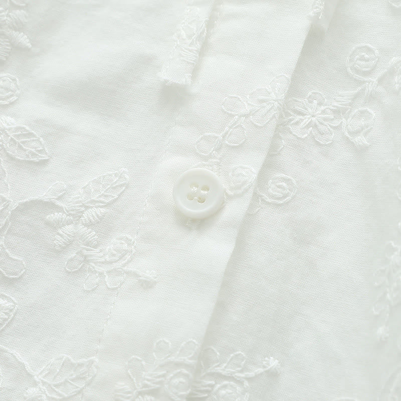 Buddha Stones Fall White Floral Embroidery Peter Pan Collar Buttons Women's Cotton Long Sleeve Shirt - image 7