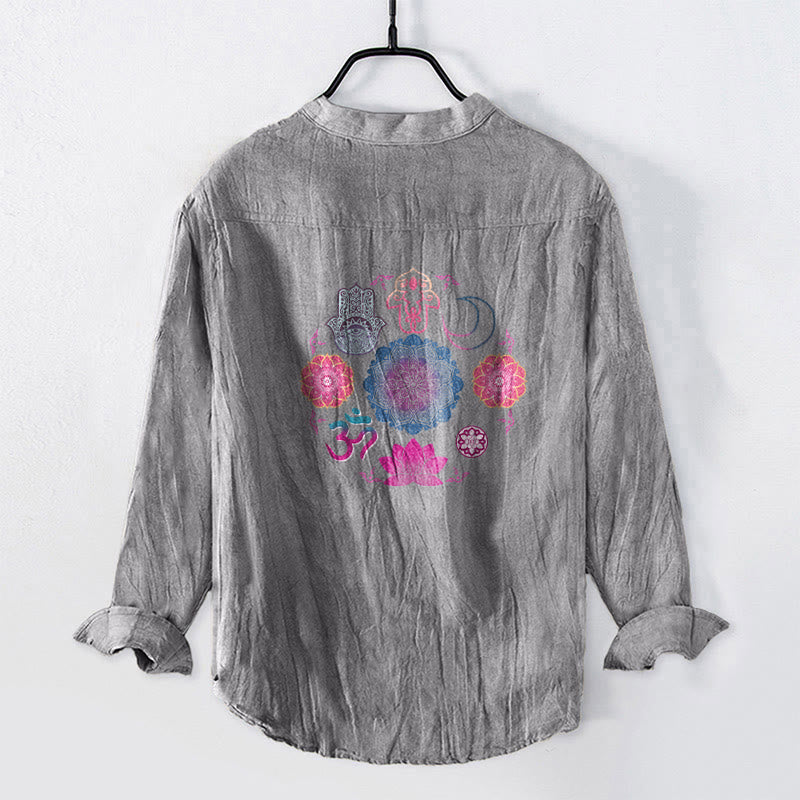 Buddha Stones Mandala Om Lotus Hamsa's Hands Half Buttons Men's Cotton Linen Long Sleeve Shirt - image 8