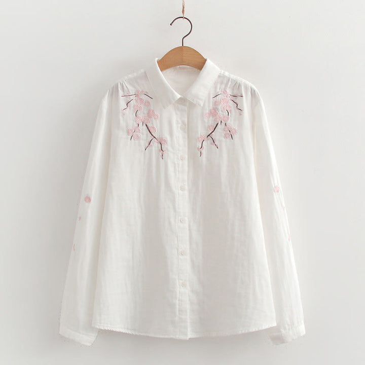 Buddha Stones Fall Pink Plum Blossoms Embroidery Buttons Women's Cotton Long Sleeve Shirt - White - US6，UK/AU10，EU38 (XL) - image 3