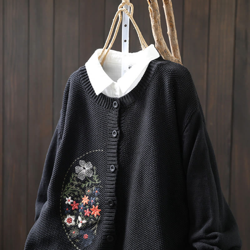 Buddha Stones Floral Embroidery Buttons Cotton Women's Long Sleeve Knitted Cardigan Sweater - image 25