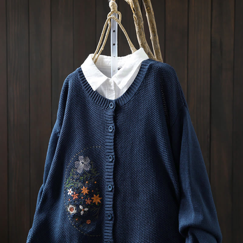 Buddha Stones Floral Embroidery Buttons Cotton Women's Long Sleeve Knitted Cardigan Sweater - image 1