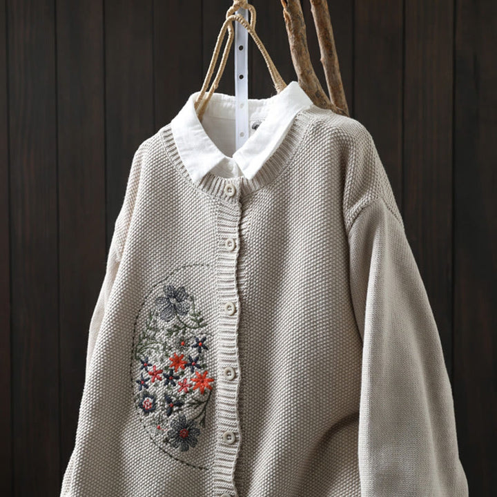 Buddha Stones Floral Embroidery Buttons Cotton Women's Long Sleeve Knitted Cardigan Sweater - image 15
