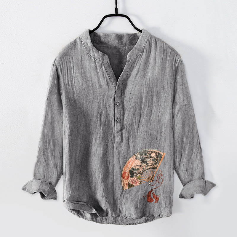 Buddha Stones Fan Crane Pine Tree Peony Red Sun Half Buttons Men's Cotton Linen Long Sleeve Shirt - Gray - US/UK/AU50，EU60 (5XL) - image 0