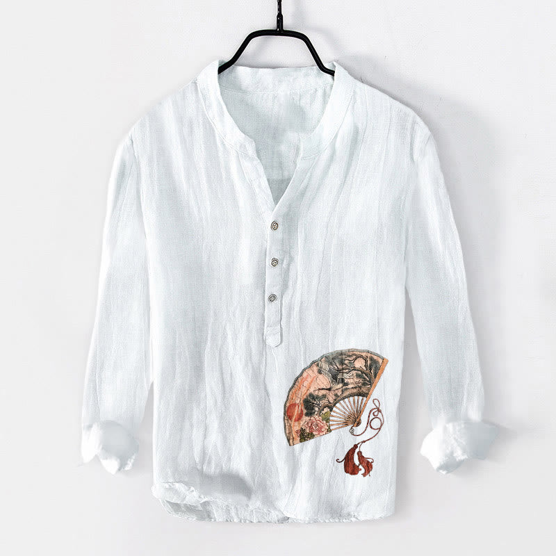 Buddha Stones Fan Crane Pine Tree Peony Red Sun Half Buttons Men's Cotton Linen Long Sleeve Shirt - White - US/UK/AU50，EU60 (5XL) - image 6