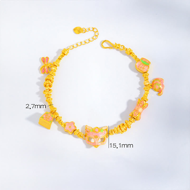Buddha Stones 24k Gold Plated Brass Fox Fu Character Ruyi Charm Luck Bracelet - Brass(Wrist Circumference: 16-19cm) - image 1